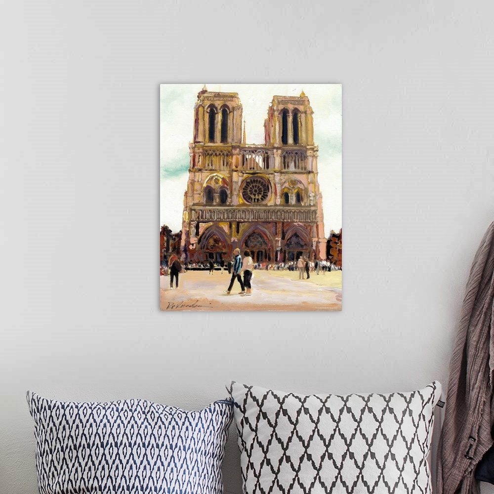 A bohemian room featuring Painting of Notre Dame Cathedral in Paris, France with visitors in the foreground.