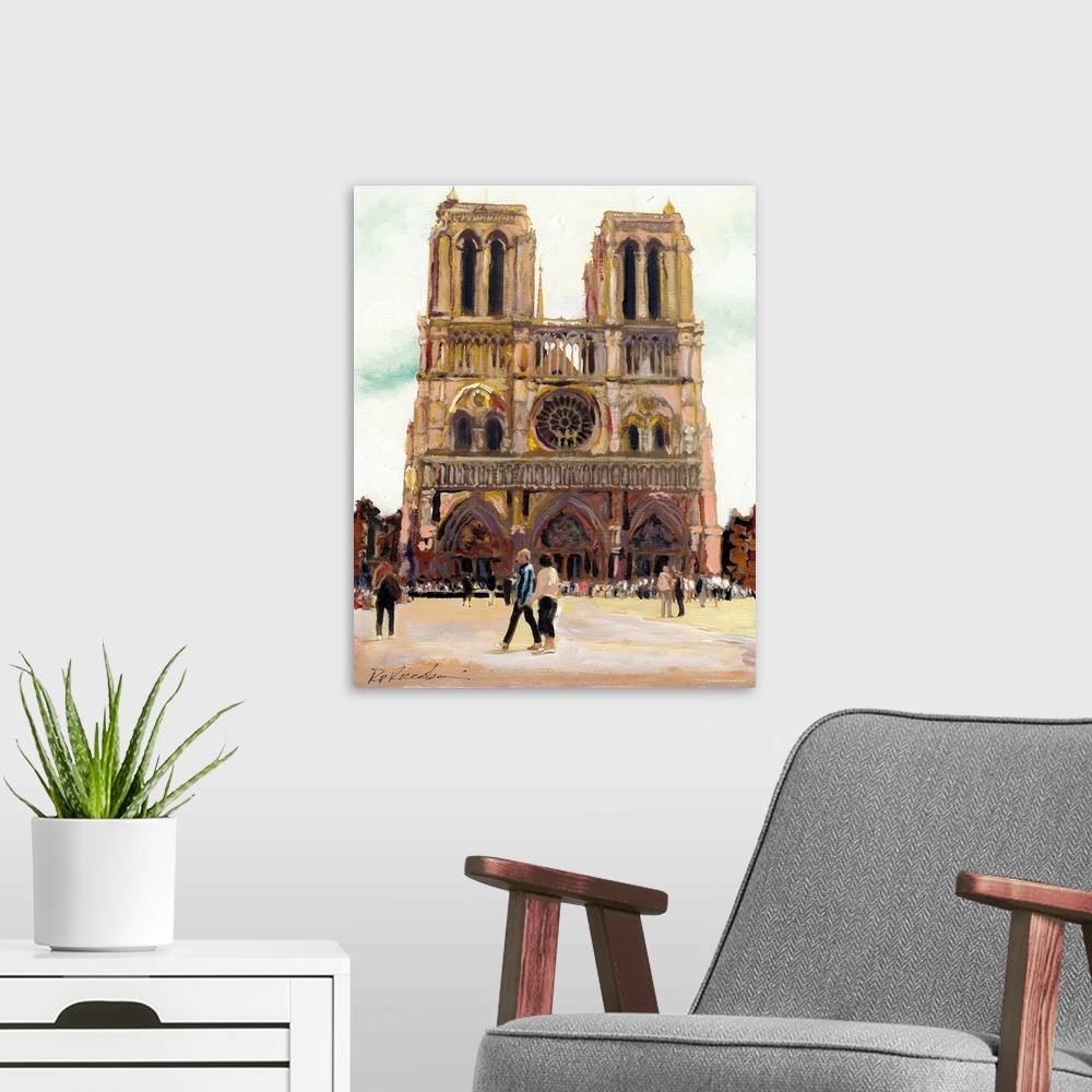 A modern room featuring Painting of Notre Dame Cathedral in Paris, France with visitors in the foreground.