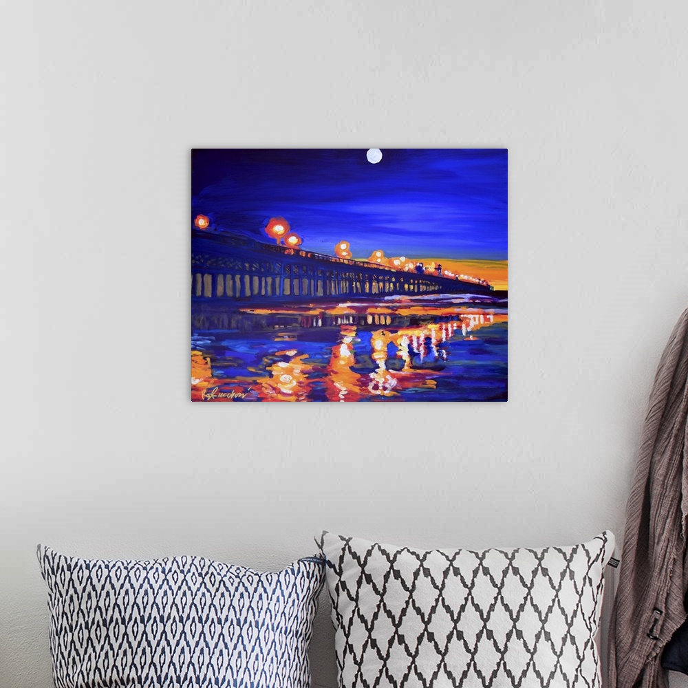 A bohemian room featuring Oceanside California Pier at Night by RD Riccoboni.  Sunset with a full moon.