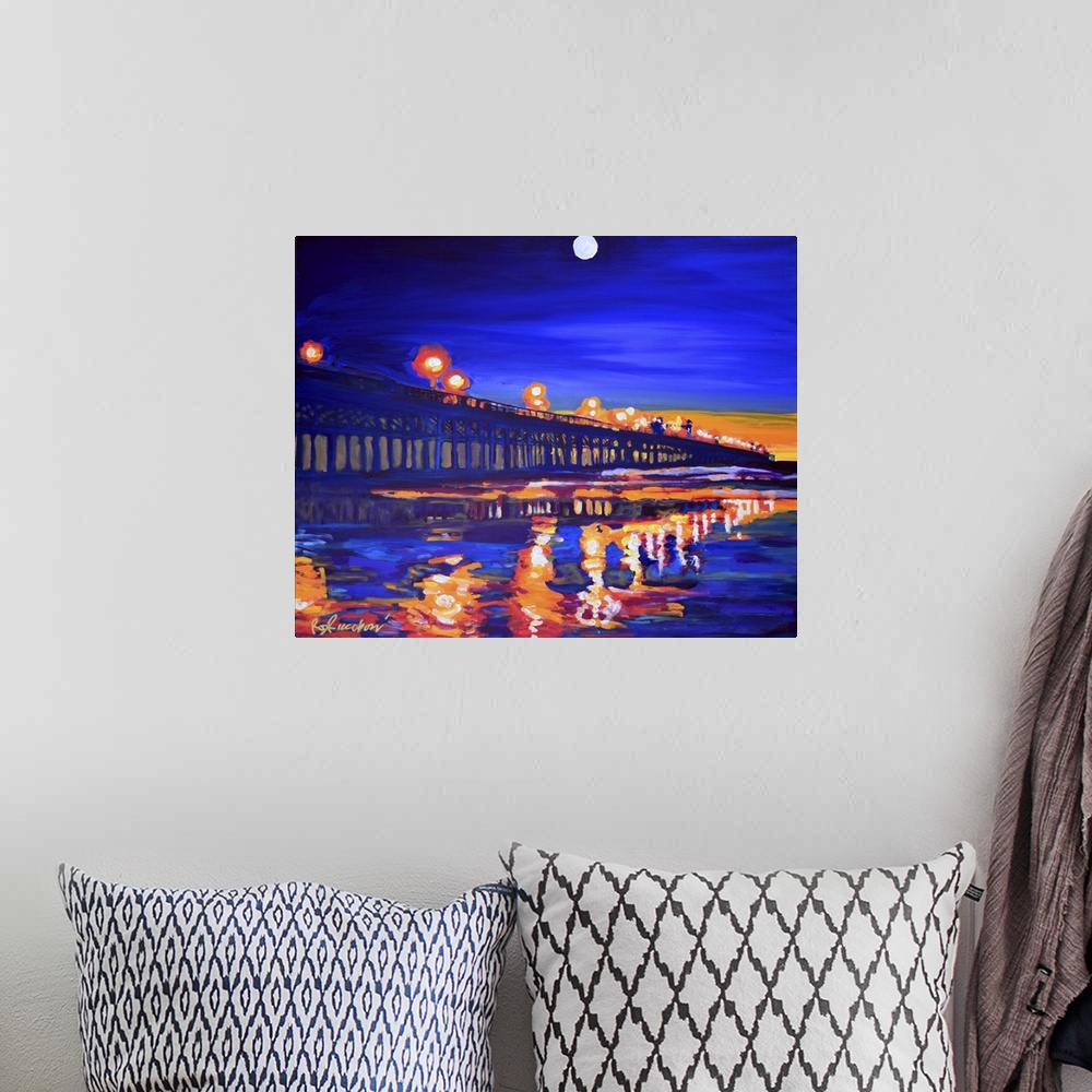 A bohemian room featuring Oceanside California Pier at Night by RD Riccoboni.  Sunset with a full moon.