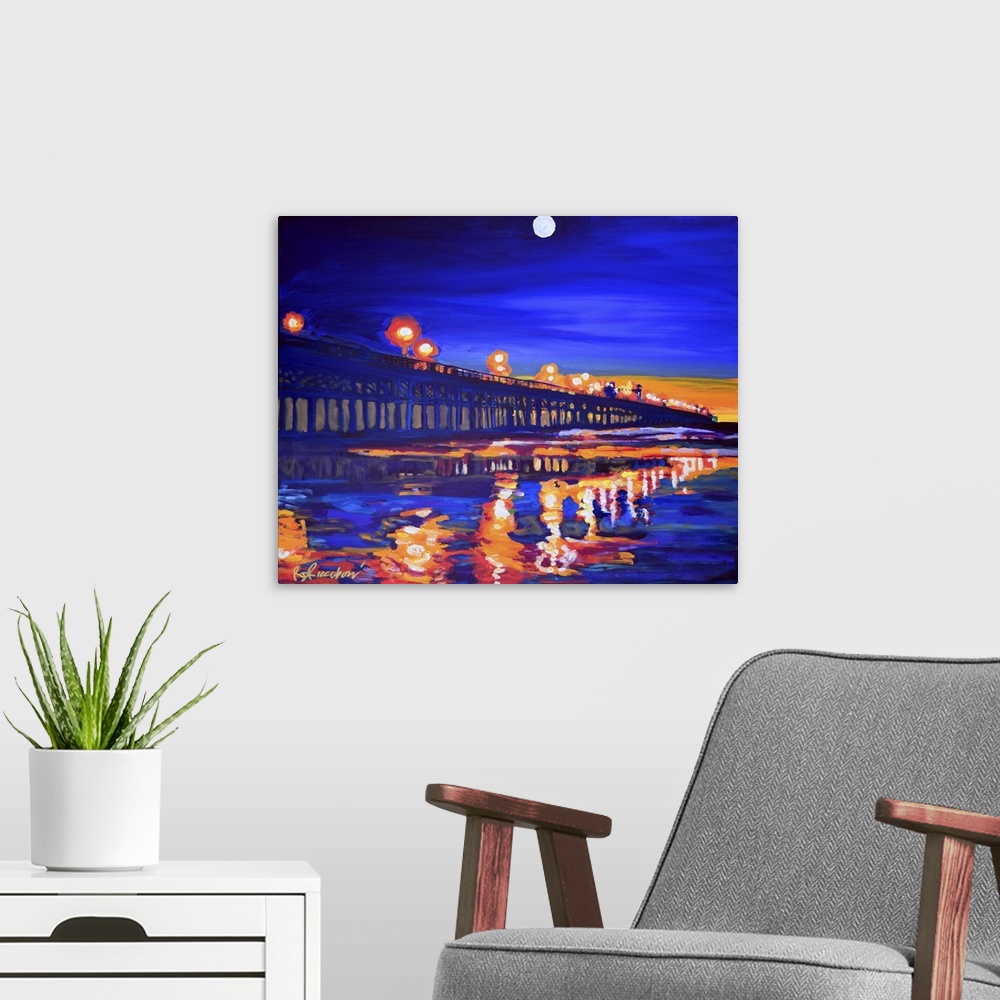 A modern room featuring Oceanside California Pier at Night by RD Riccoboni.  Sunset with a full moon.
