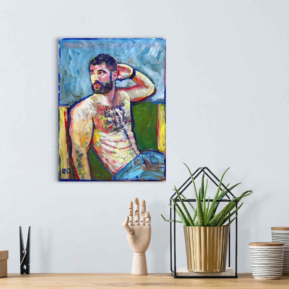 A bohemian room featuring Handsome man with shirt off in this painting by RD Riccoboni.