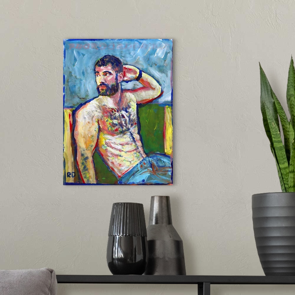 A modern room featuring Handsome man with shirt off in this painting by RD Riccoboni.