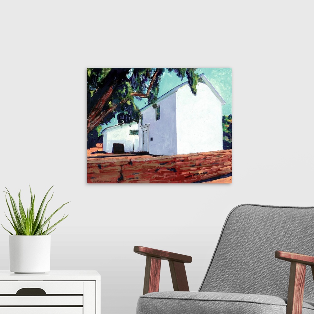 A modern room featuring Contemporary painting of the Old Adobe chapel, one of the oldest buildings in California, origina...