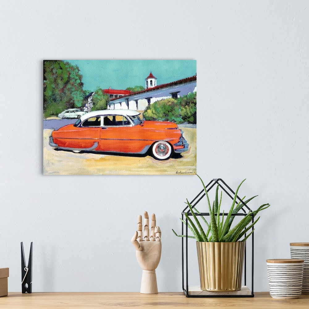 A bohemian room featuring Orange Beast In Old Town San Diego, California, painting by RD RIccoboni. Classic automobile port...