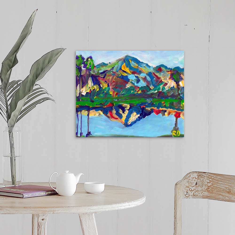 A farmhouse room featuring Palm Springs San Jacinto Reflection, abstract desert landscape painting by RD Riccoboni. Blues, g...