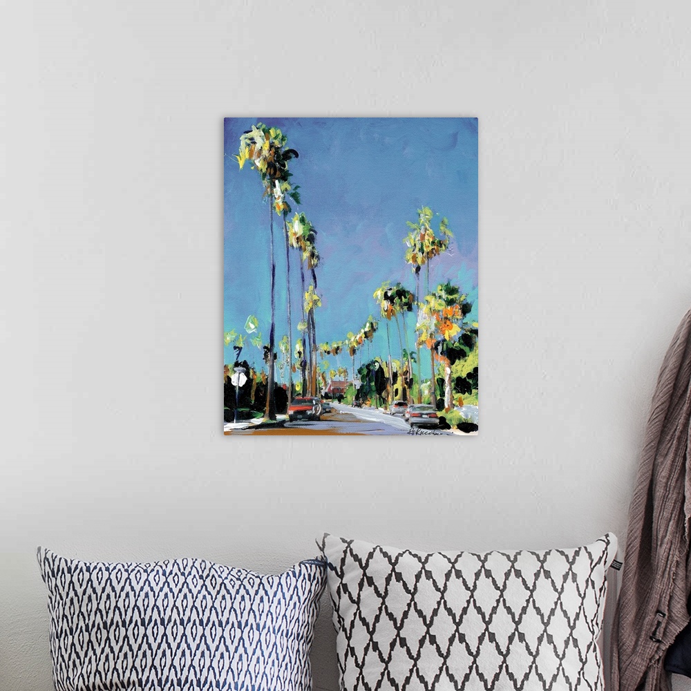 A bohemian room featuring Contemporary painting of a San Diego street lined with palm trees and blue skies above.