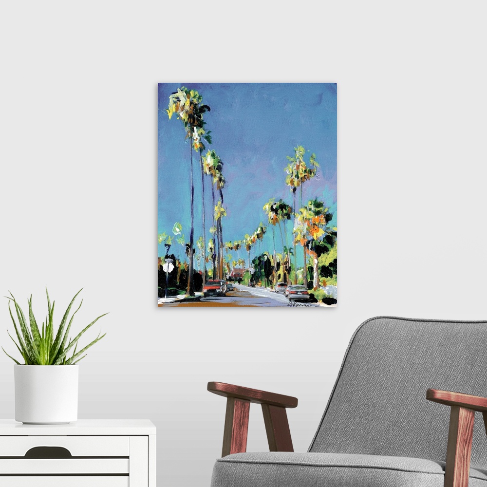 A modern room featuring Contemporary painting of a San Diego street lined with palm trees and blue skies above.