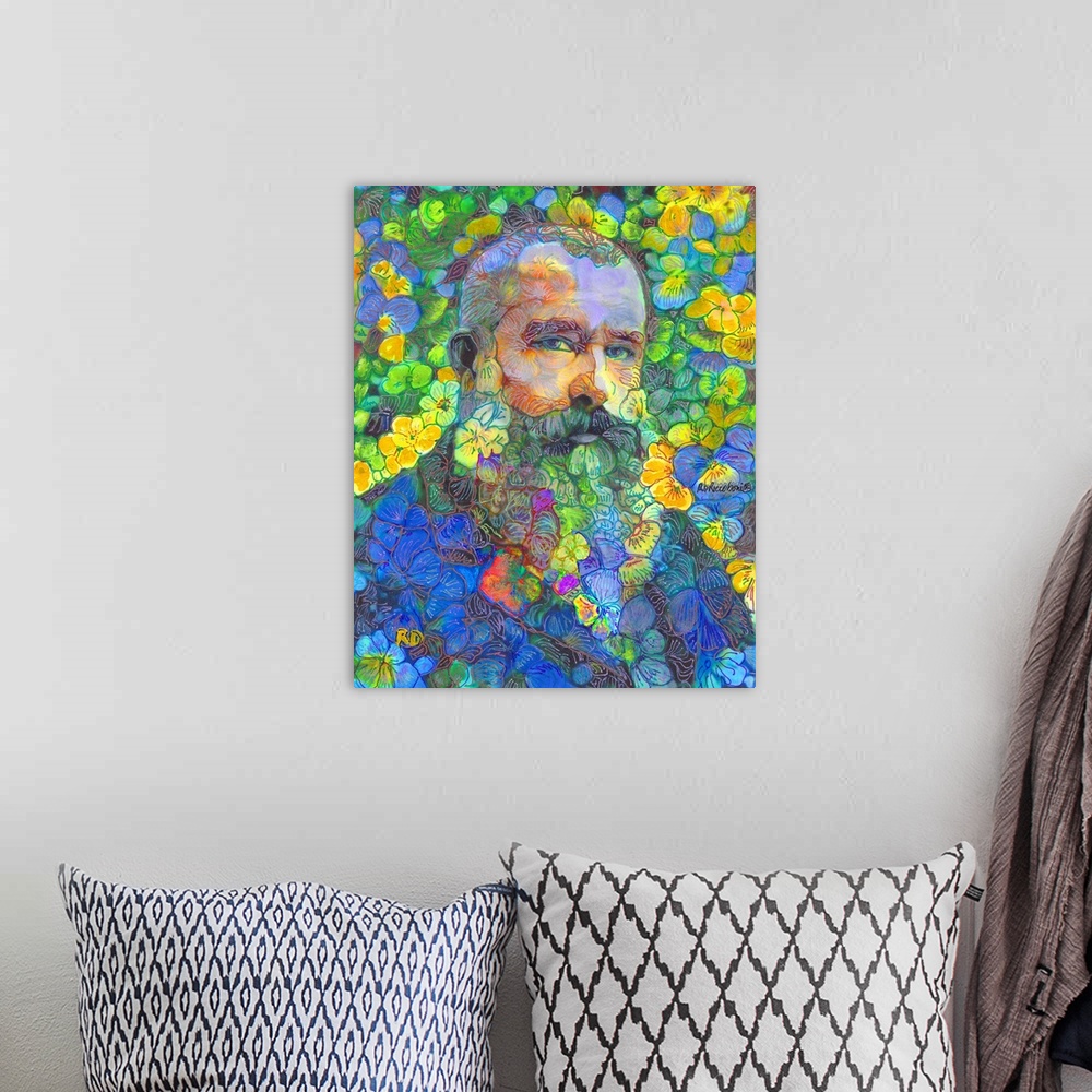 A bohemian room featuring Papa Bear, Ode to Claude Monet in The Flower Garden, by RD Riccoboni. Flower Bear painting by Ric...