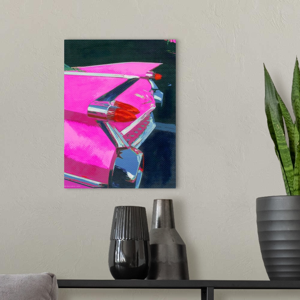 A modern room featuring Pink-Fin Painting by RD Randy Riccoboni.  An Automotive portrait of a Cadillac in bright Pink off...