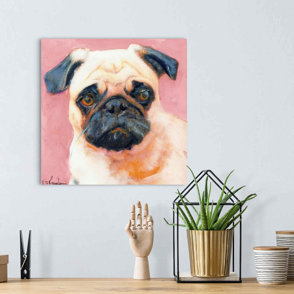 A bohemian room featuring Square painting of a Pug puppy on a pink background.