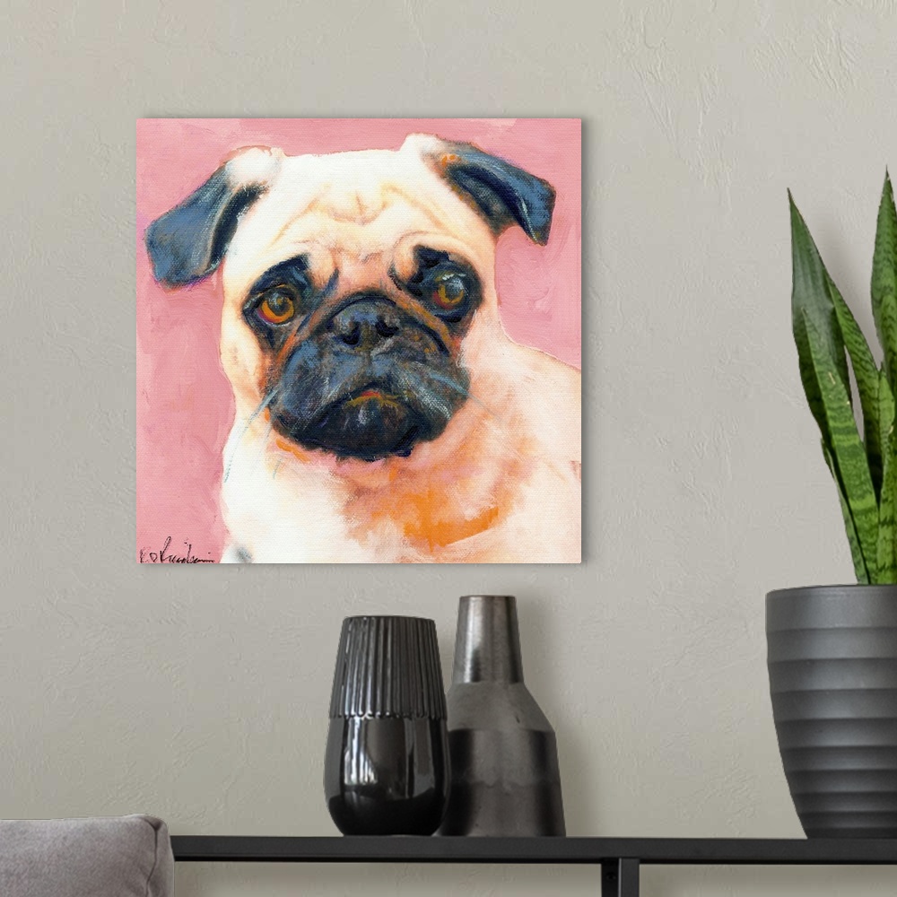 A modern room featuring Square painting of a Pug puppy on a pink background.