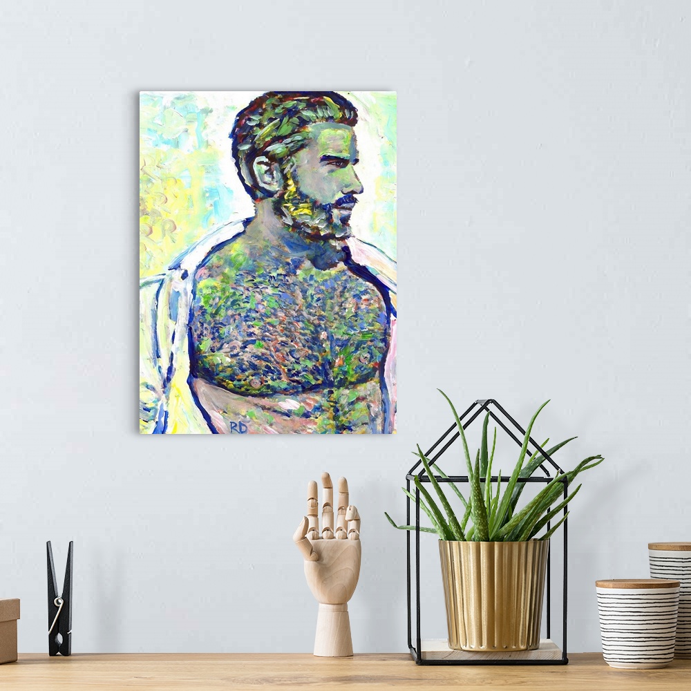 A bohemian room featuring Platinum Man sexy male nude portrait by RD Riccoboni in greens, grey, silver and blue.