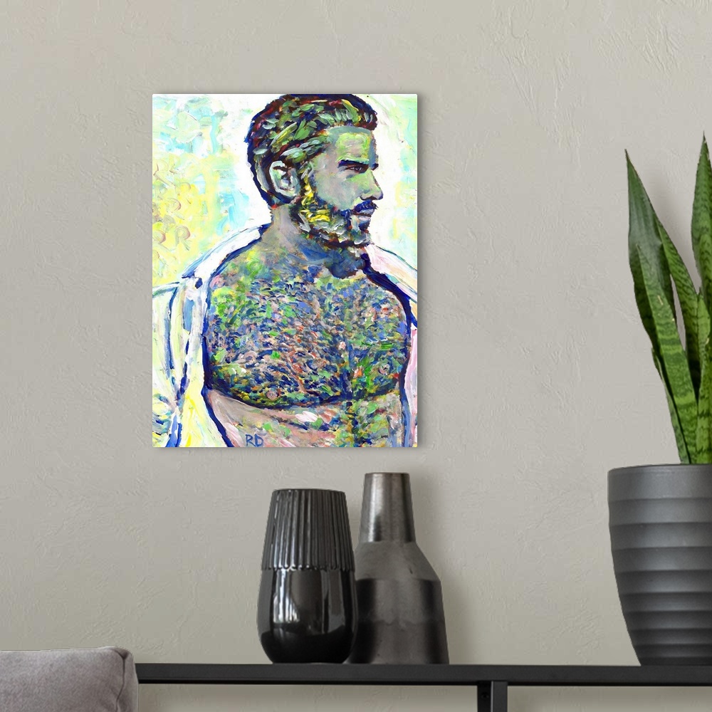 A modern room featuring Platinum Man sexy male nude portrait by RD Riccoboni in greens, grey, silver and blue.