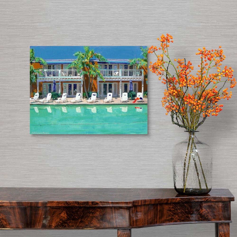 A traditional room featuring Impressionist painting of the poolside at the Lafayette Hotel in San Diego.