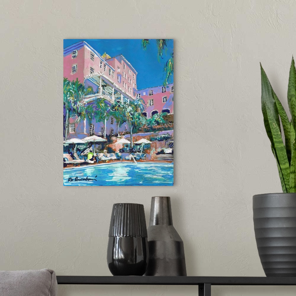 A modern room featuring Painting of the poolside at La Valencia, La Jolla Village, San Diego - California's iconic histor...