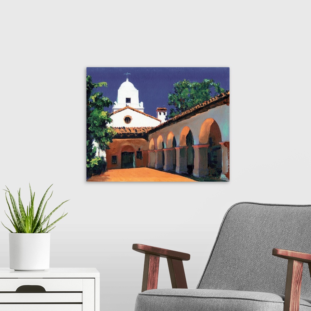A modern room featuring The Courtyard and arches of Junipero Serra Museum, in Presidio Park, painted by RD Riccoboni. One...