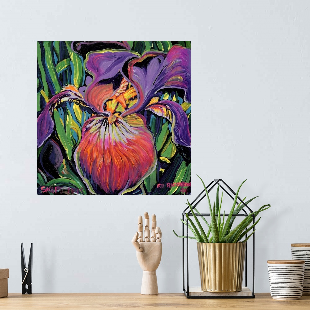 A bohemian room featuring Purple Iris, botanical painting by artist RD Riccoboni, in purples, greens, pinks, yellows and bl...
