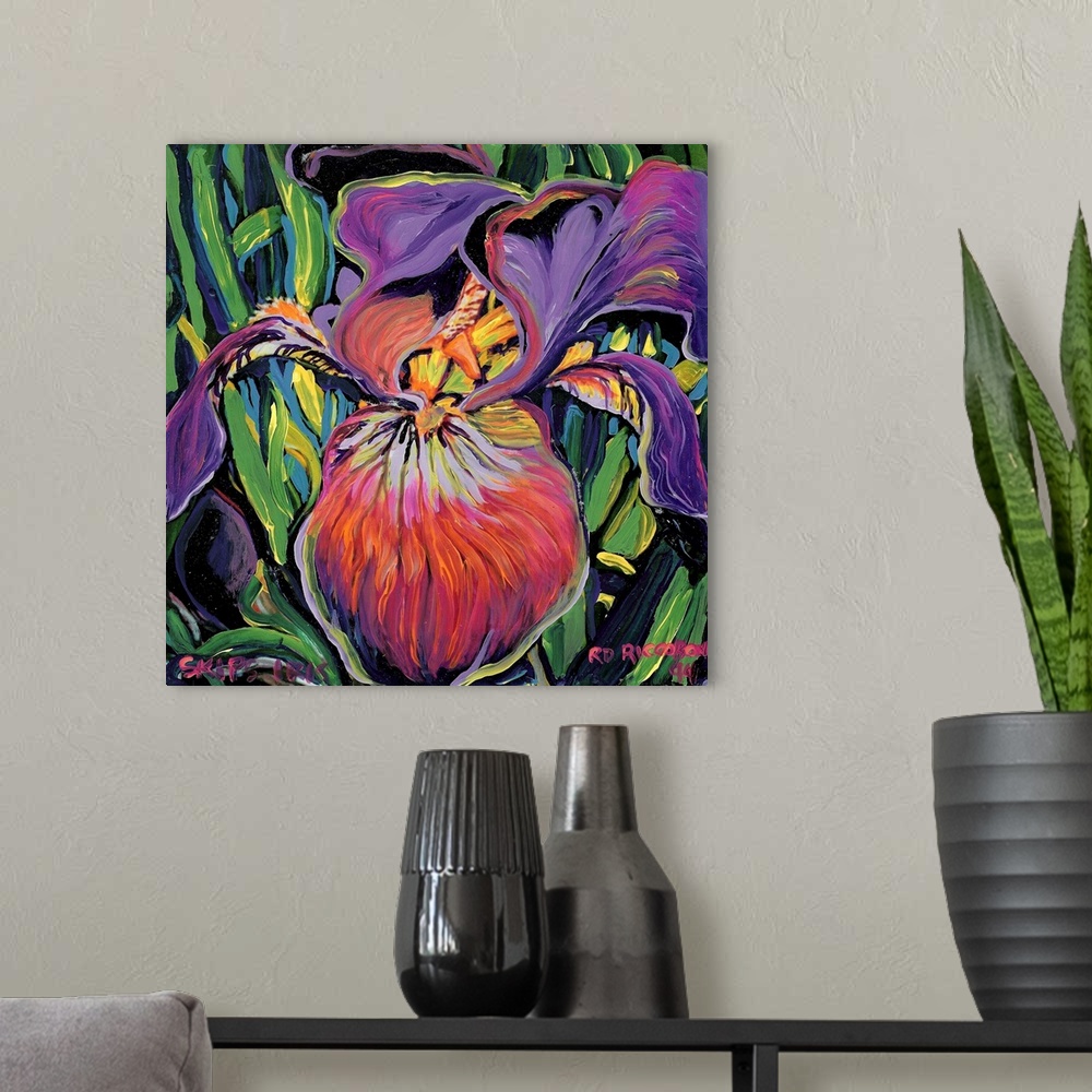 A modern room featuring Purple Iris, botanical painting by artist RD Riccoboni, in purples, greens, pinks, yellows and bl...