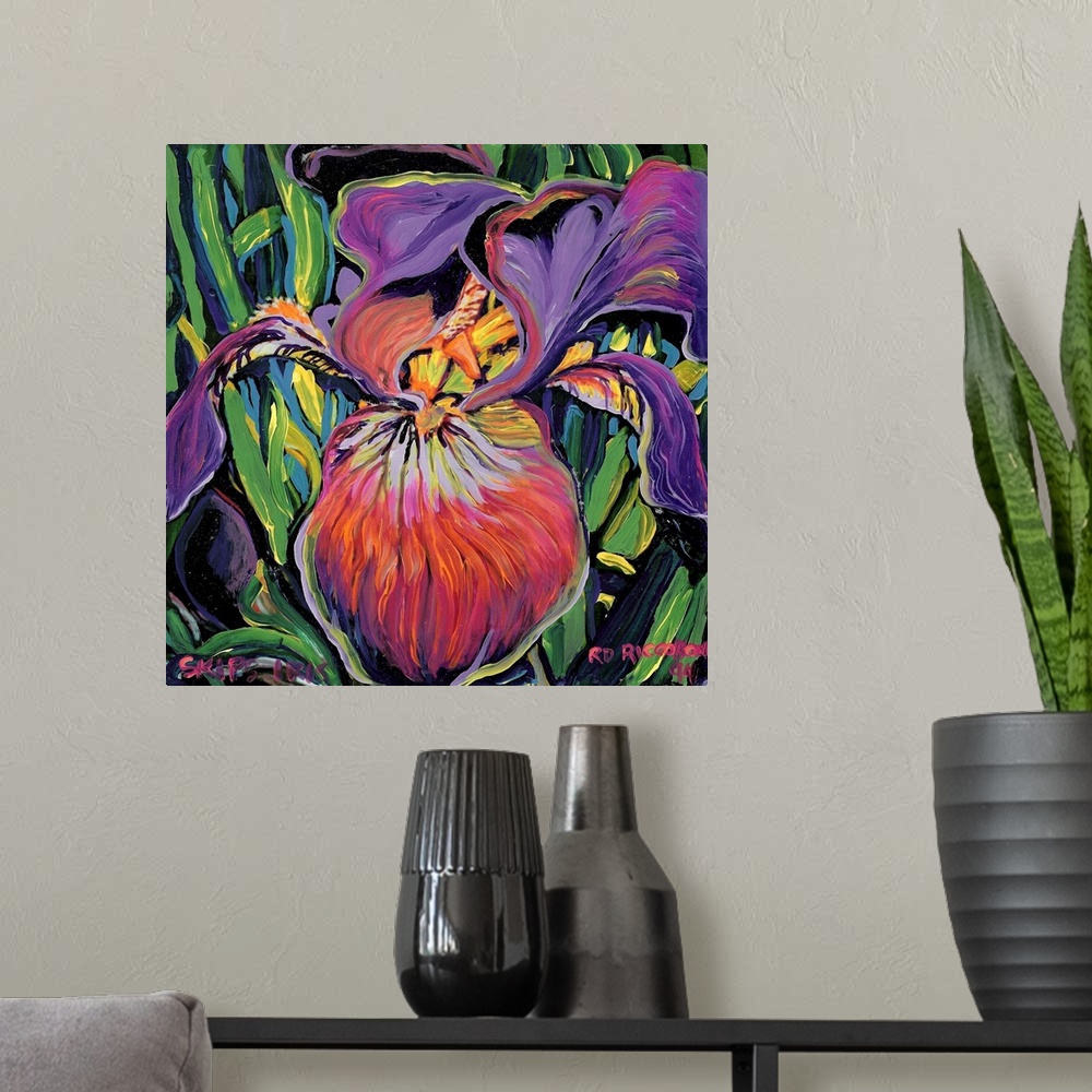 A modern room featuring Purple Iris, botanical painting by artist RD Riccoboni, in purples, greens, pinks, yellows and bl...