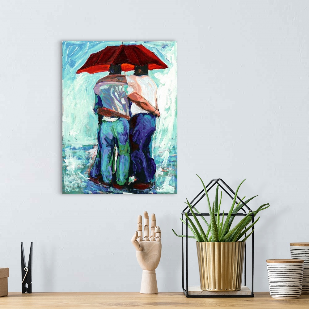 A bohemian room featuring Contemporary painting of three friends seeking shelter underneath a red umbrella.