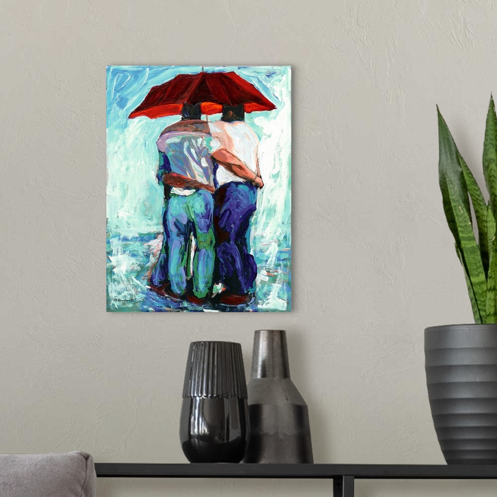 A modern room featuring Contemporary painting of three friends seeking shelter underneath a red umbrella.