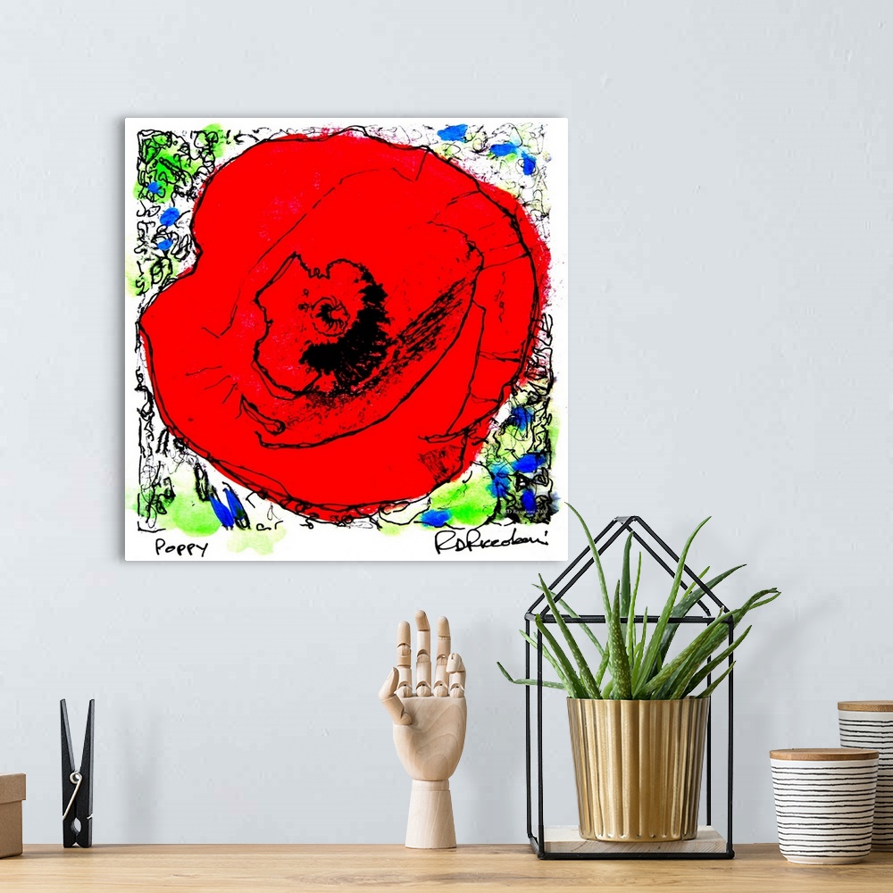 A bohemian room featuring Red Poppy By RD Riccoboni.  Modern Pop Art Style Flower painting of Red Poppy By California artis...