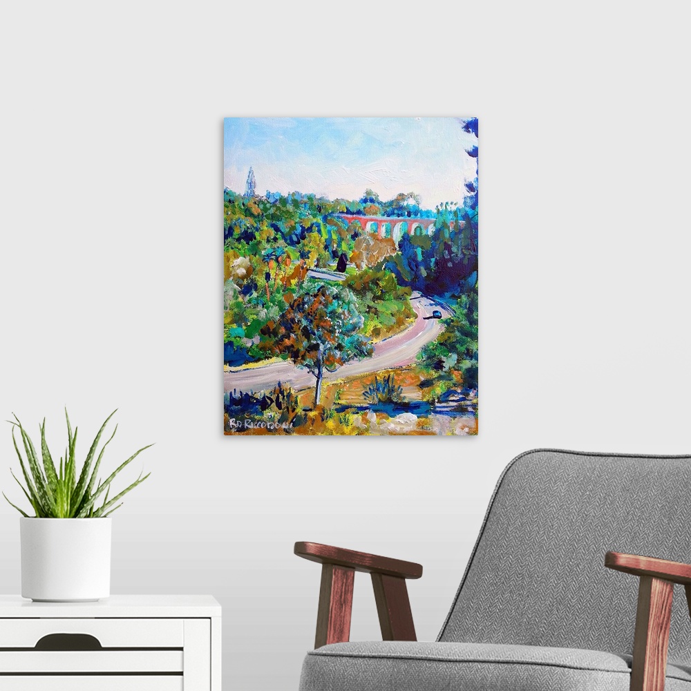 A modern room featuring Redwood Street Balboa Park, San Diego, California, painting by RD Riccoboni. Cabrillo canyon with...