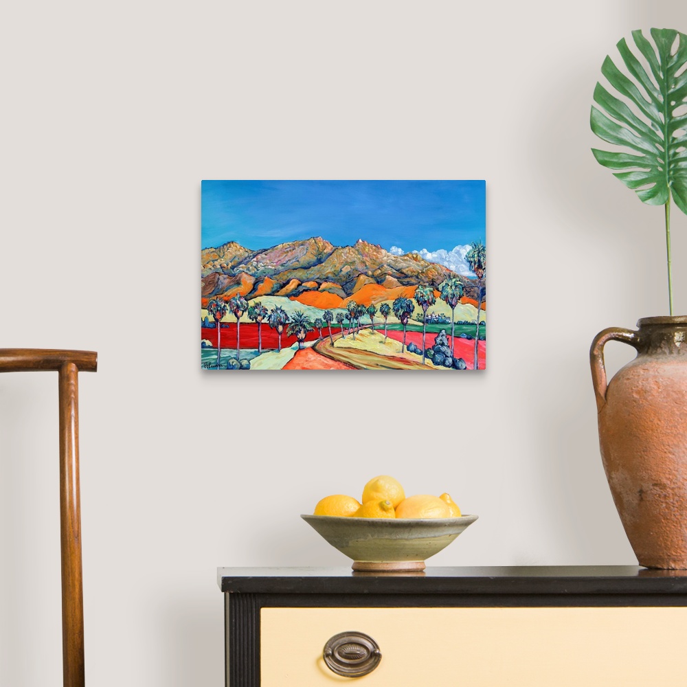A traditional room featuring San Diego desert in exciting bright and bold colors. Blue skies and swaths of color, rugged mount...