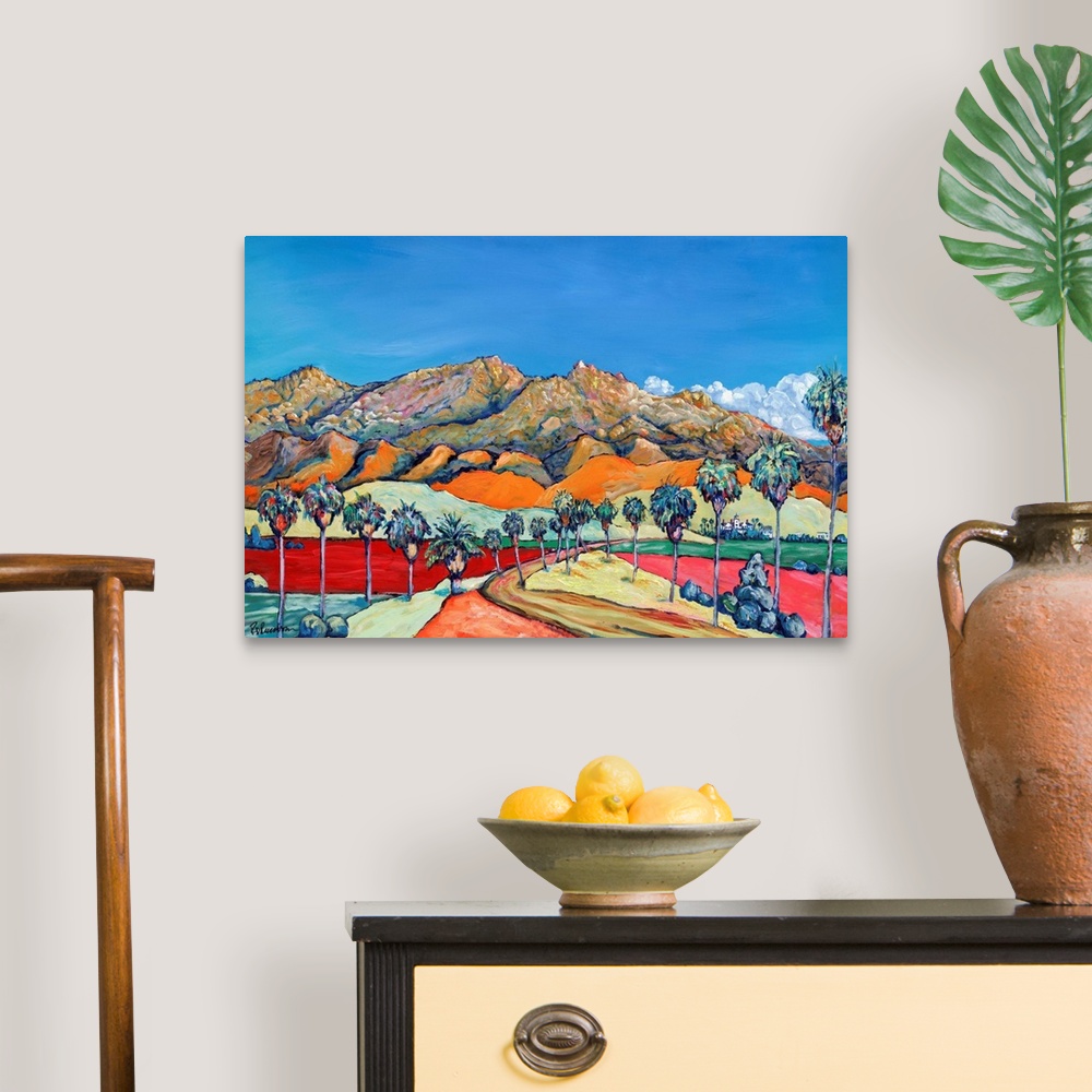 A traditional room featuring San Diego desert in exciting bright and bold colors. Blue skies and swaths of color, rugged mount...