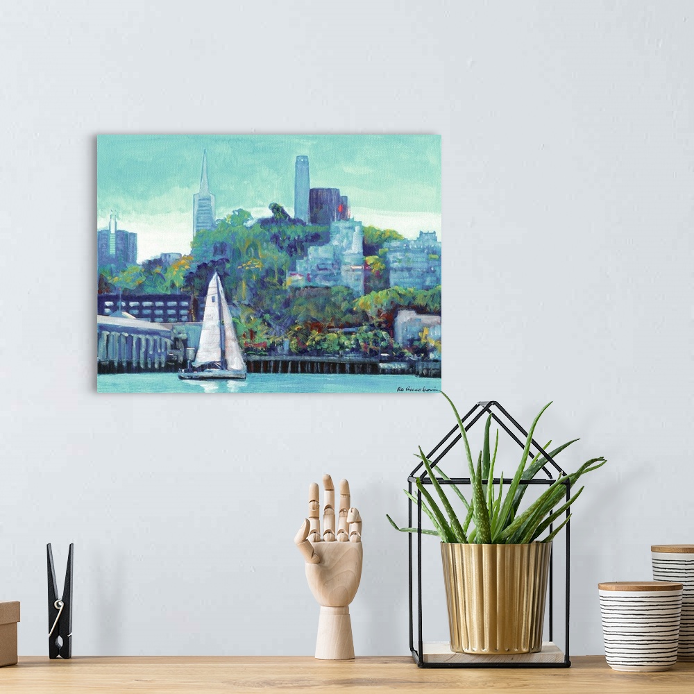 A bohemian room featuring Contemporary painting of a sailboat sailing by Pioneer Park and Coit Tower in San Francisco Calif...