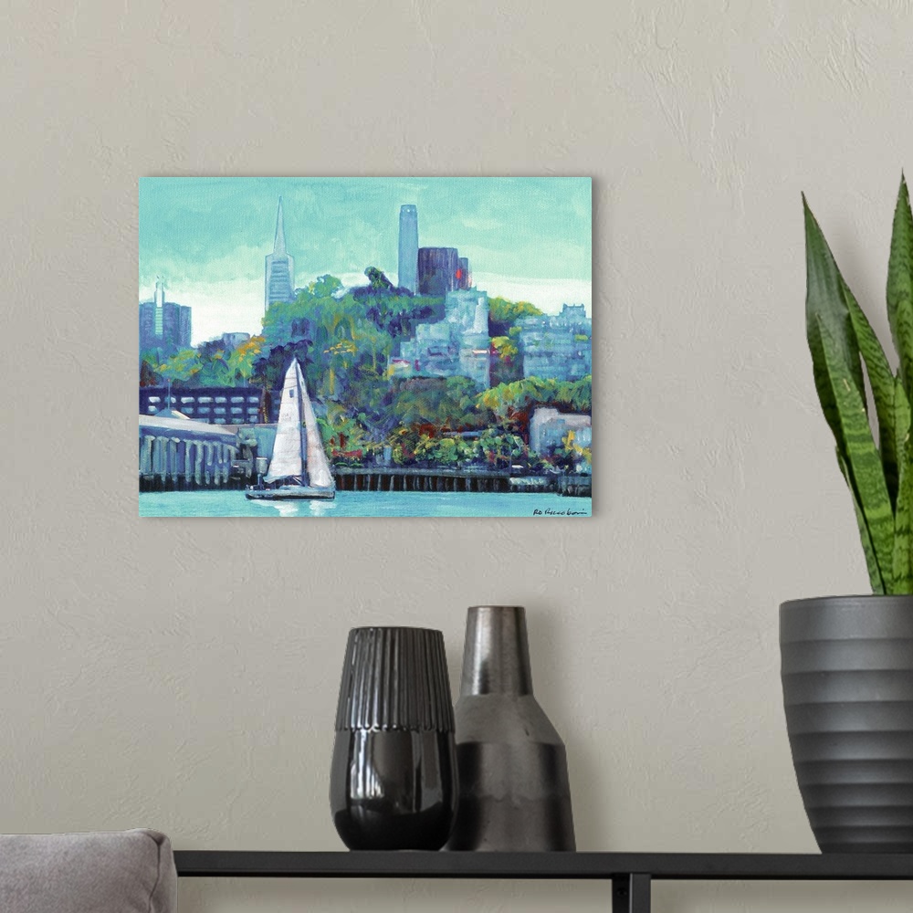 A modern room featuring Contemporary painting of a sailboat sailing by Pioneer Park and Coit Tower in San Francisco Calif...