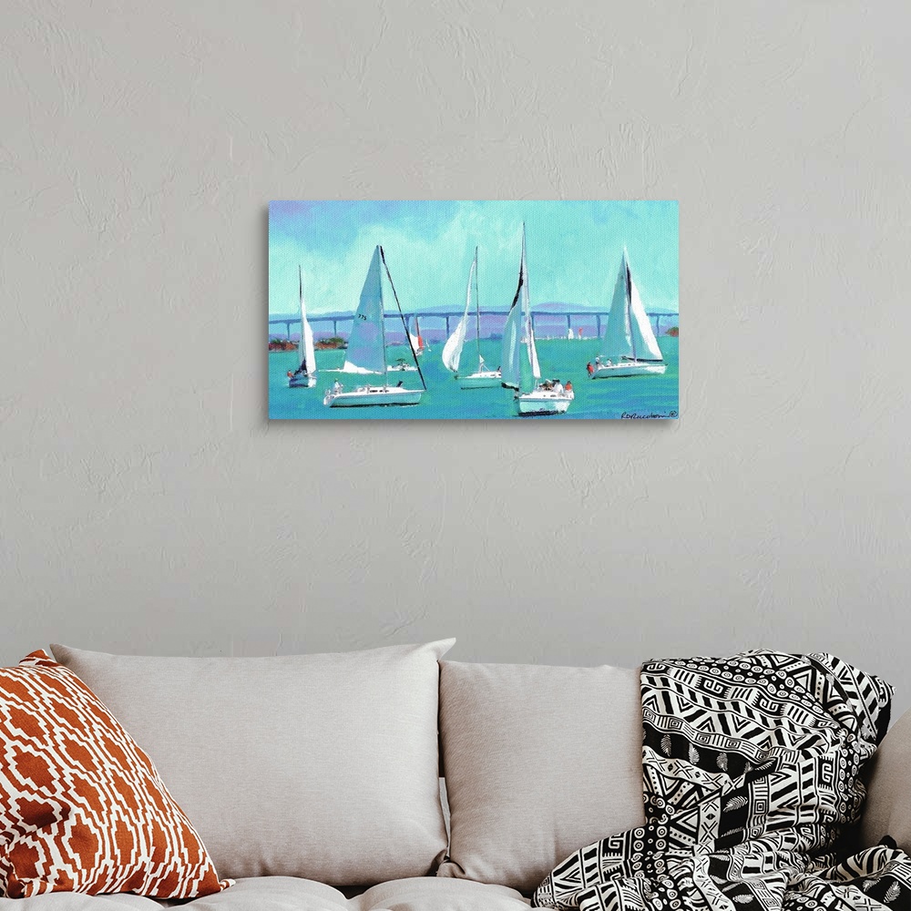 A bohemian room featuring Contemporary painting of boats sailing by the Coronado Bridge in San Diego Bay.