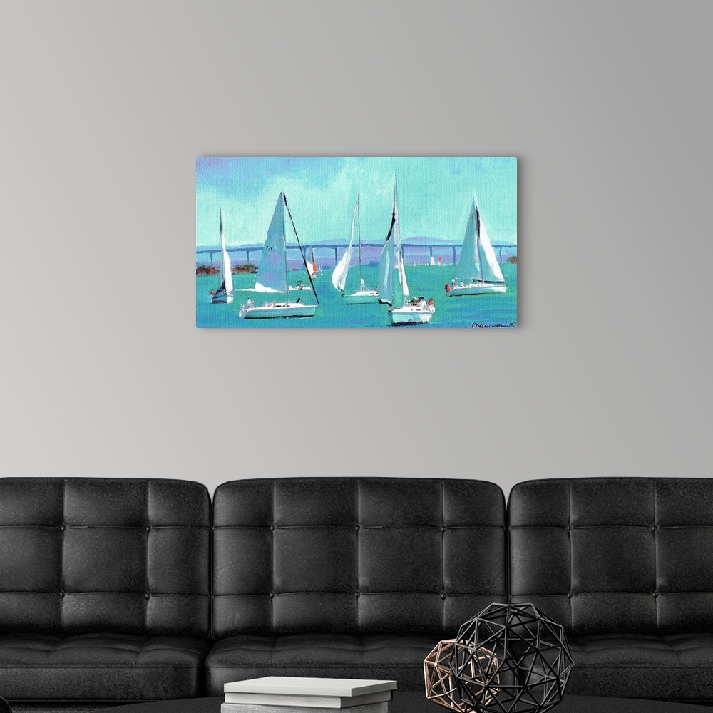 A modern room featuring Contemporary painting of boats sailing by the Coronado Bridge in San Diego Bay.