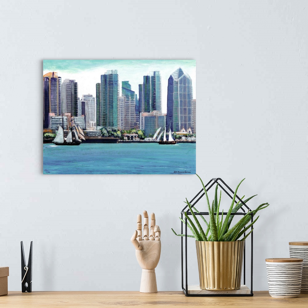 A bohemian room featuring Contemporary painting of boats sailing in the San Diego Bay with the new skyline contrasting the ...