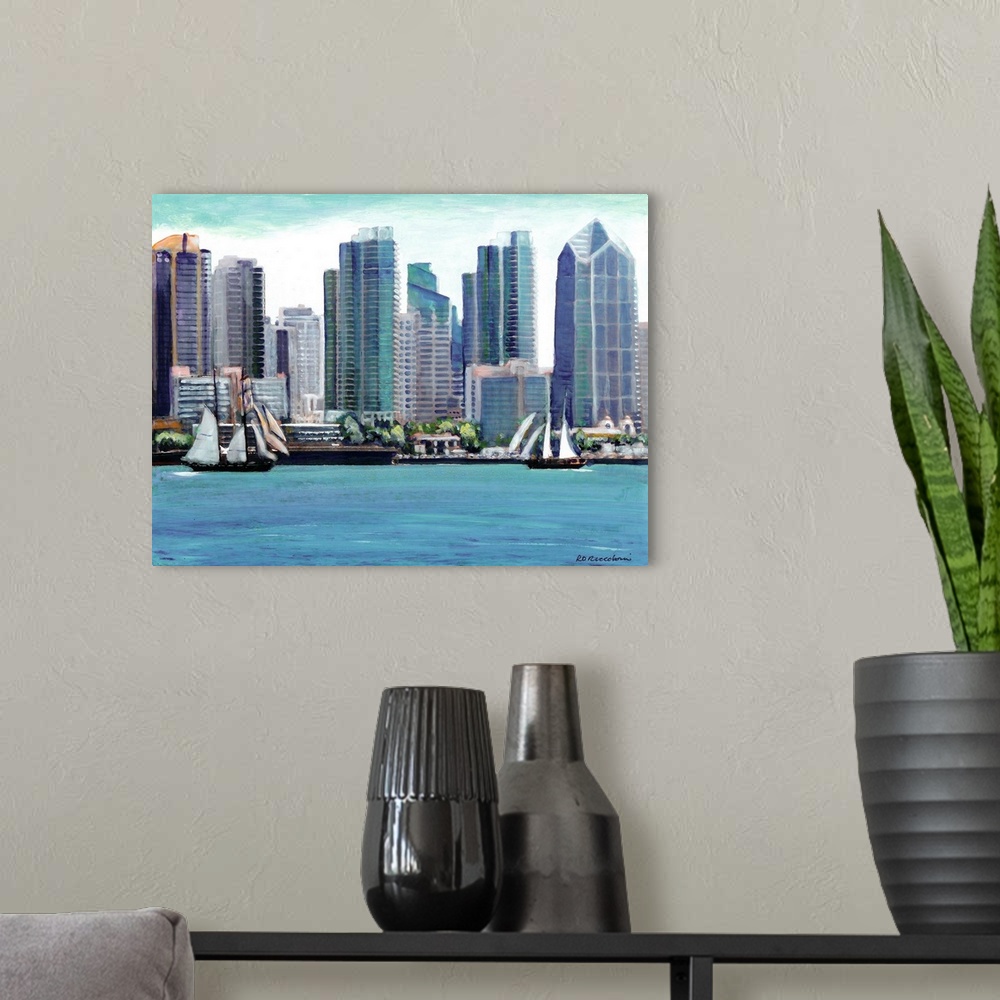 A modern room featuring Contemporary painting of boats sailing in the San Diego Bay with the new skyline contrasting the ...