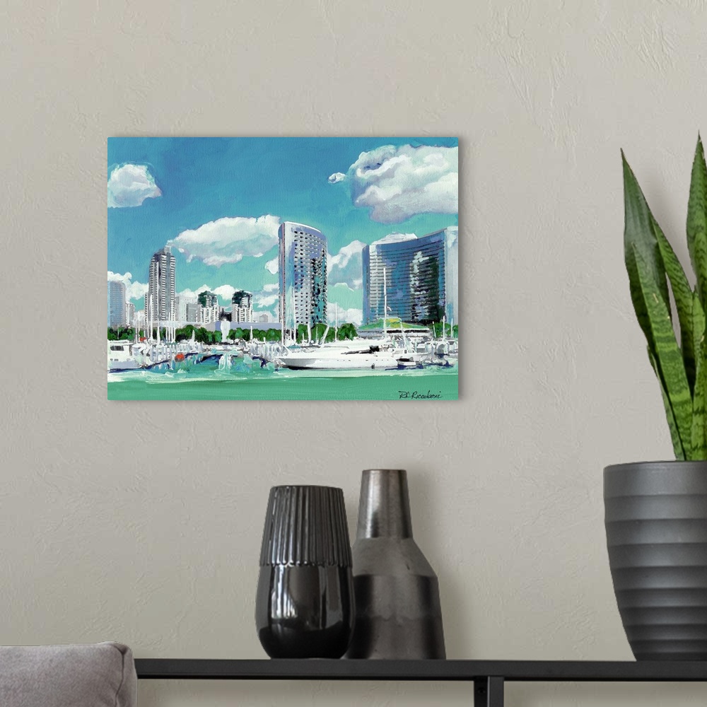 A modern room featuring Painted view of part of the San Diego skyline with boats anchored in the marina in the foreground...
