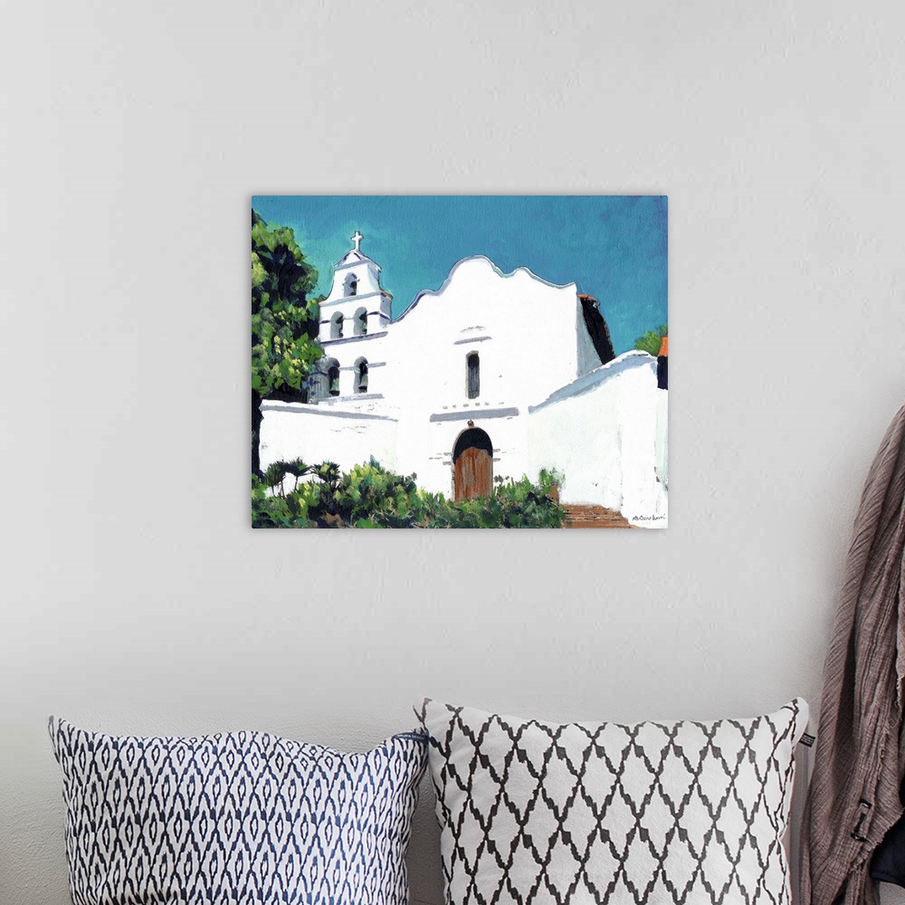 A bohemian room featuring San Diego de Alcala Mission, painting by California artist RD Riccoboni. A beautiful painting in ...