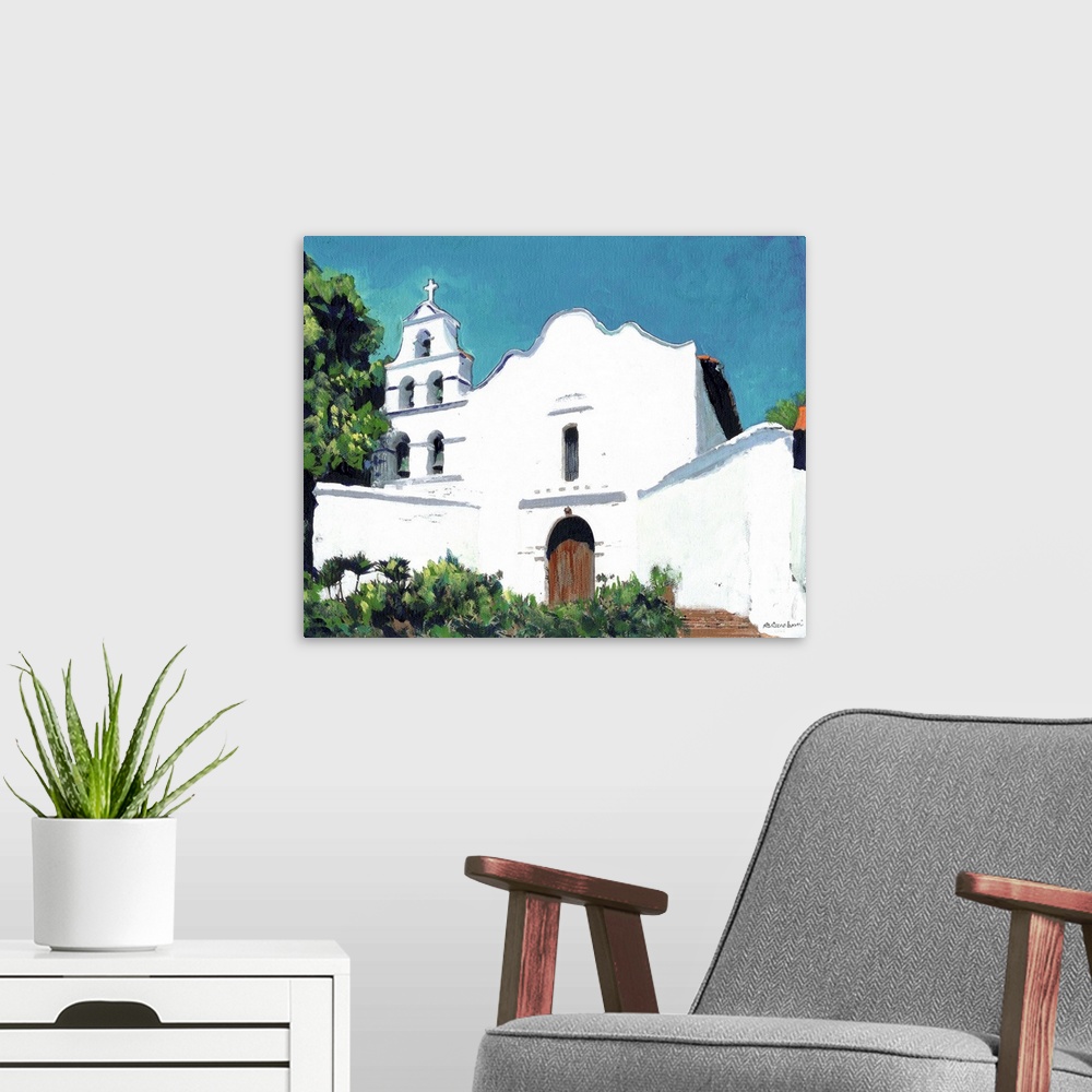 A modern room featuring San Diego de Alcala Mission, painting by California artist RD Riccoboni. A beautiful painting in ...