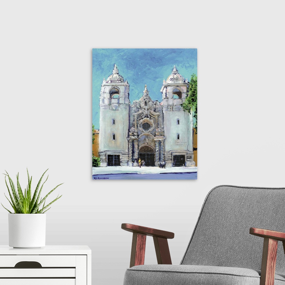 A modern room featuring Painting of San Diego's Del Prado Theater in Balboa Park