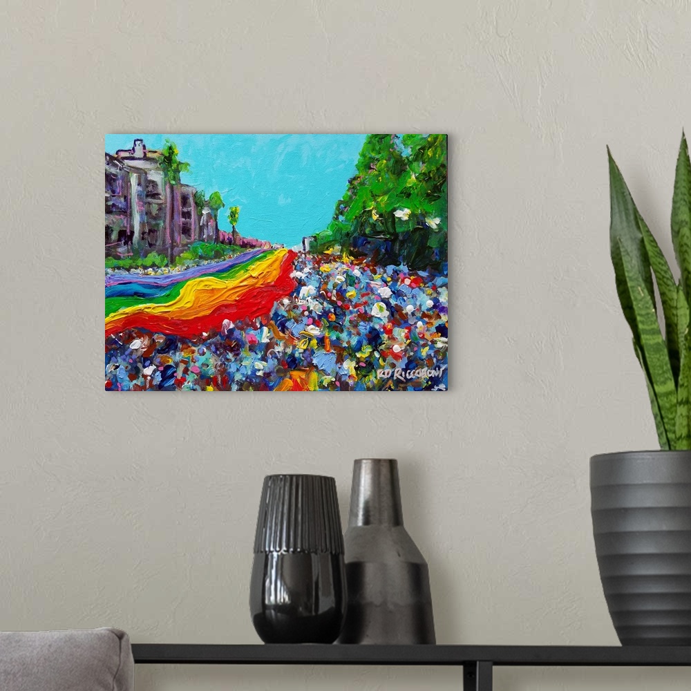 A modern room featuring San Diego Pride Parade