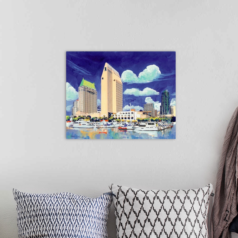 A bohemian room featuring Contemporary painting of the downtown San Diego waterfront with boats in the marina and buildings...