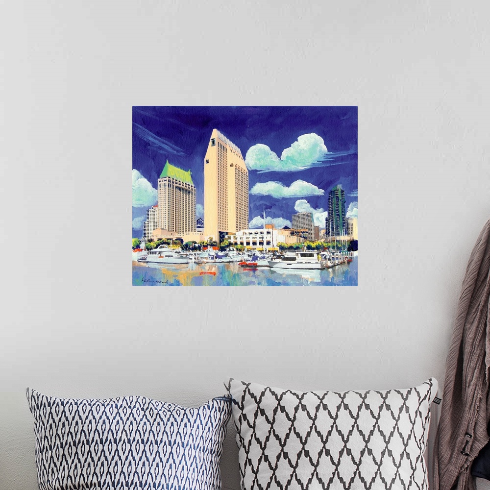 A bohemian room featuring Contemporary painting of the downtown San Diego waterfront with boats in the marina and buildings...