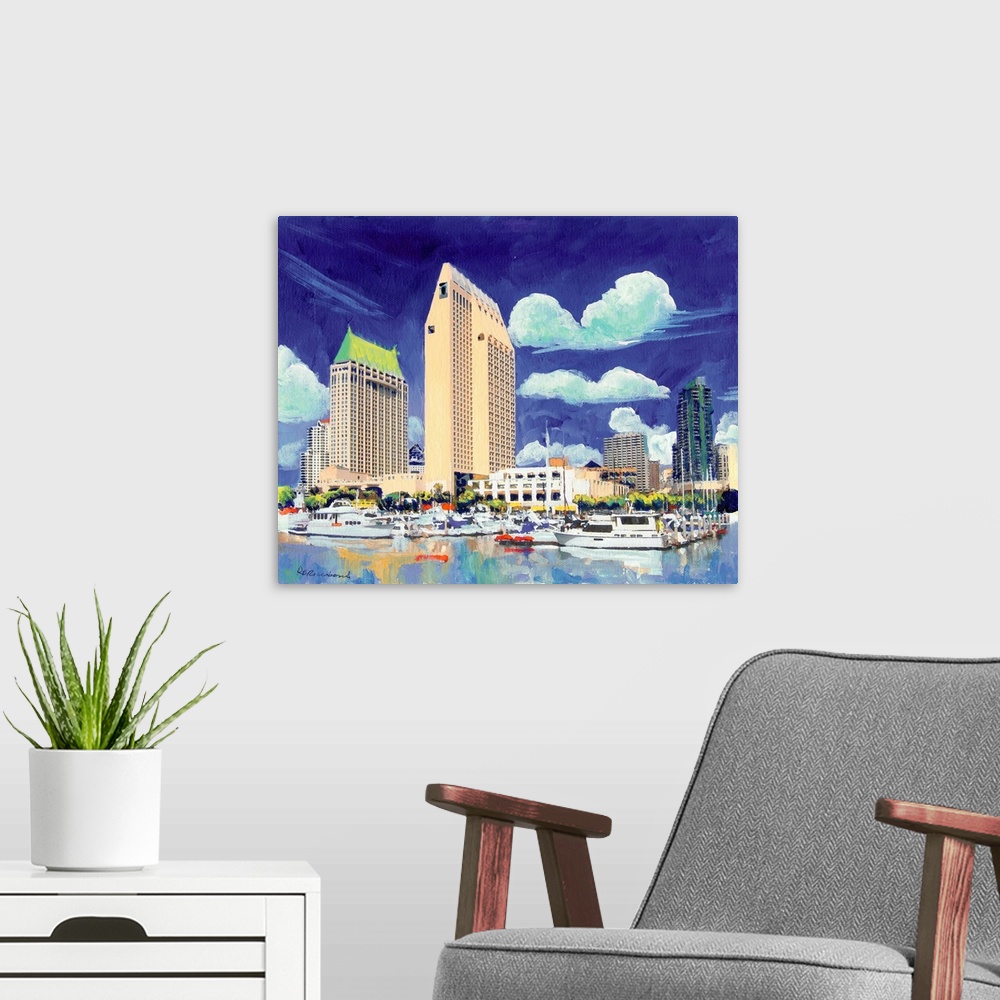 A modern room featuring Contemporary painting of the downtown San Diego waterfront with boats in the marina and buildings...