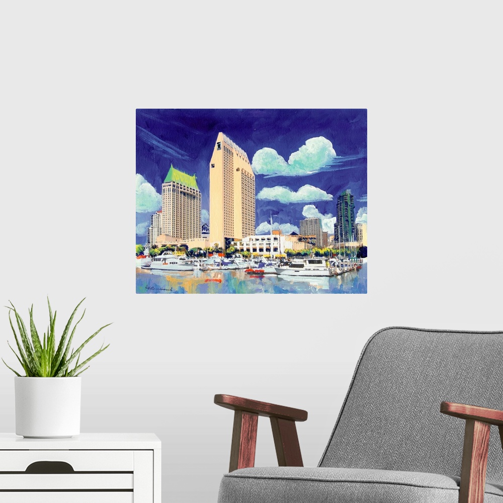 A modern room featuring Contemporary painting of the downtown San Diego waterfront with boats in the marina and buildings...