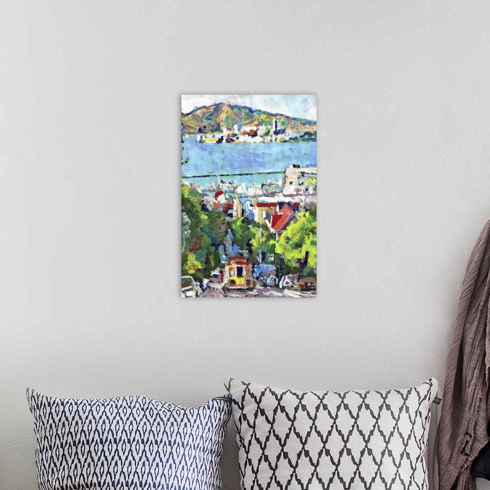 A bohemian room featuring San Francisco, California with Alcatraz Island and Cable Car, painting by RD RIccoboni.