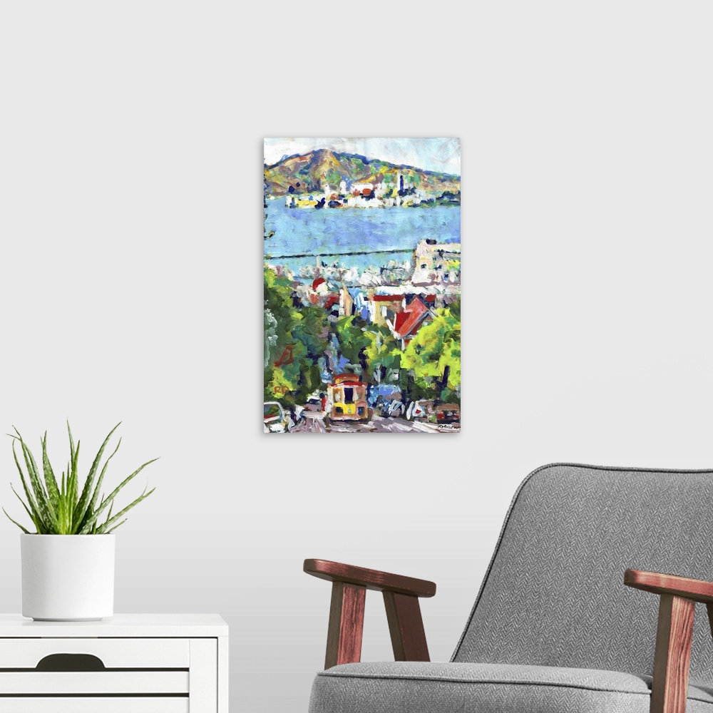 A modern room featuring San Francisco, California with Alcatraz Island and Cable Car, painting by RD RIccoboni.