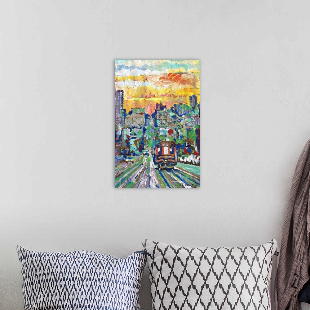 A bohemian room featuring San Francisco California Cable Car Sunset by RD RIccoboni, street scene.