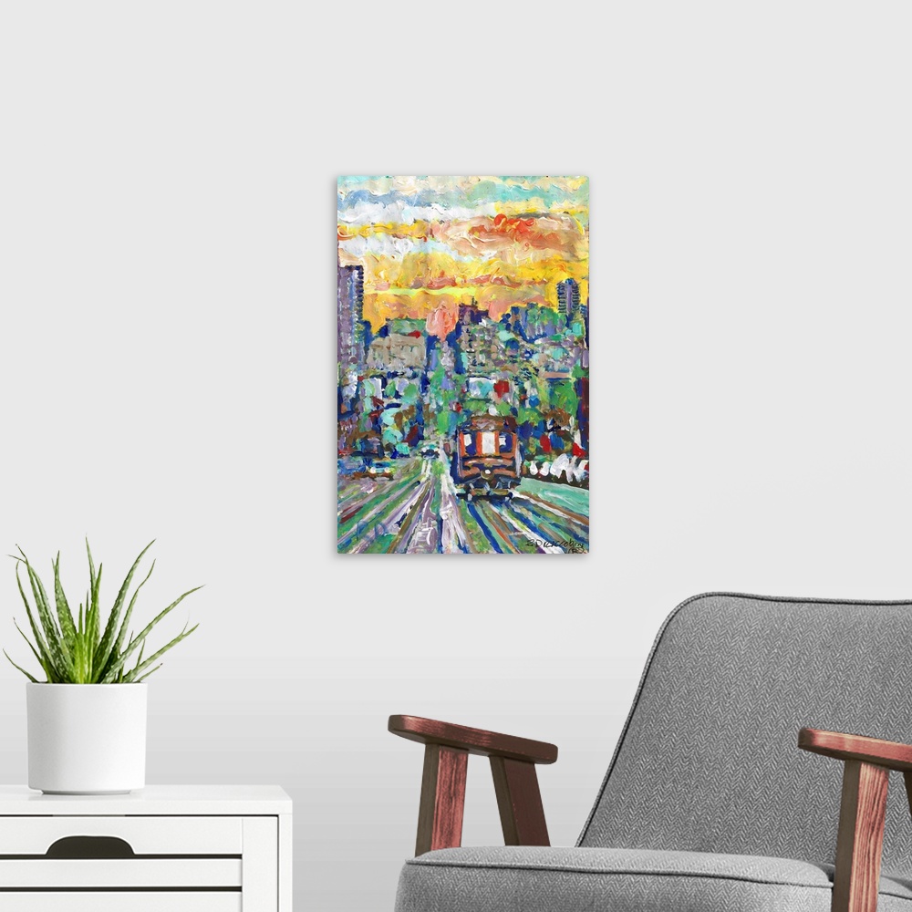 A modern room featuring San Francisco California Cable Car Sunset by RD RIccoboni, street scene.