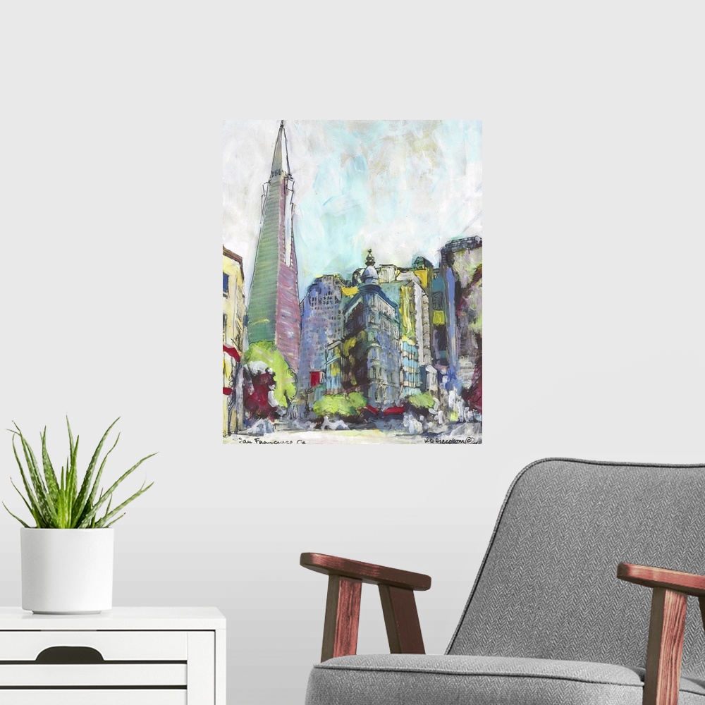 A modern room featuring San Francisco Streets by artist RD Riccoboni. The contemporary scene shows this California City s...